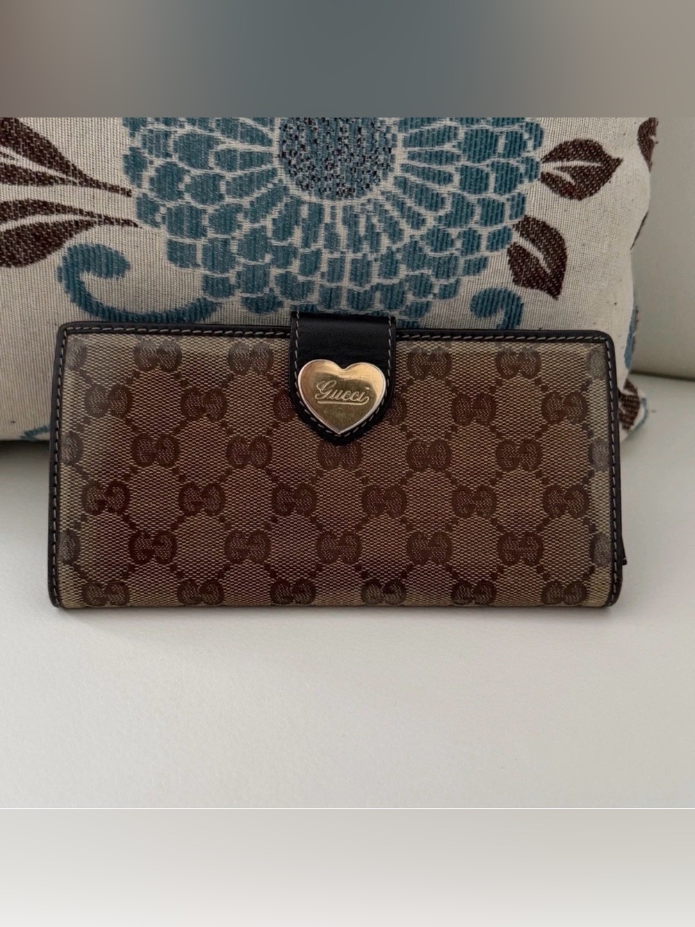 Gucci Brown Monogram Continental Wallet with Gold Heart Logo